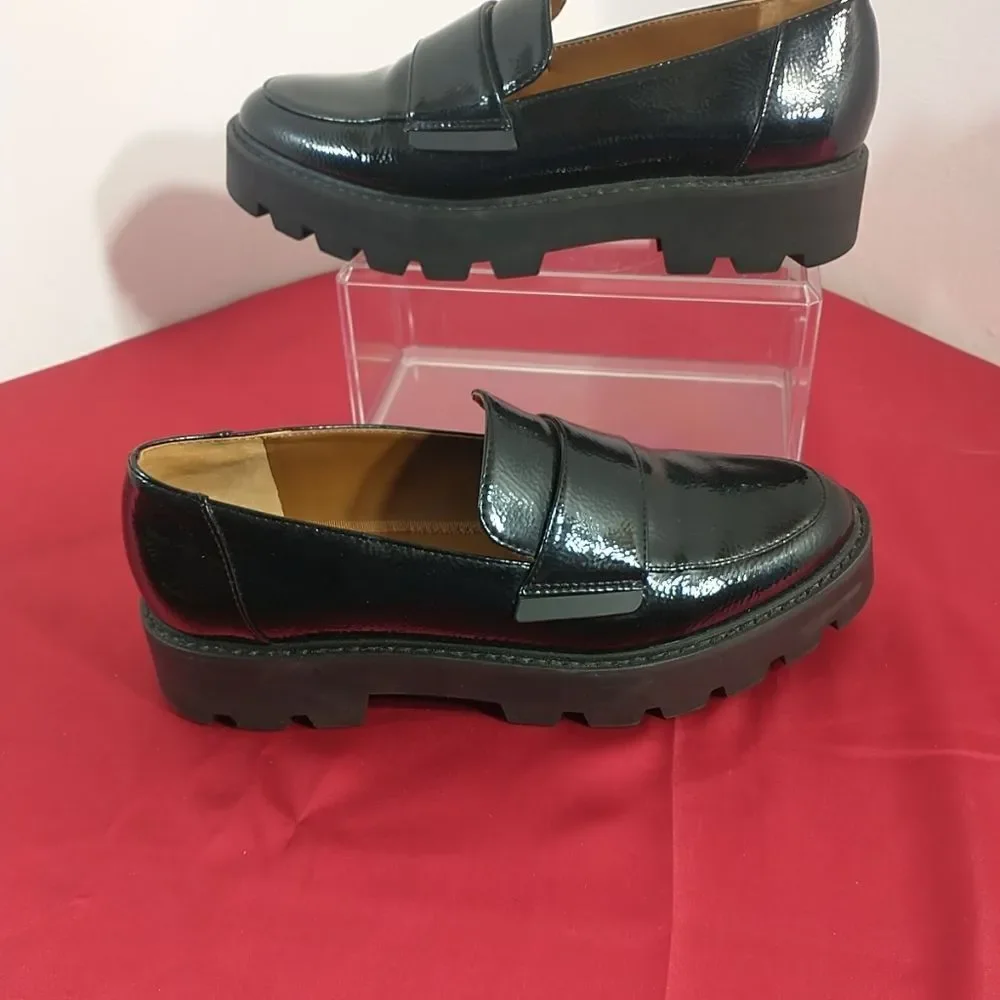 Franco Sarto Shoes Womens Size 8.5M Brindy Black Patent Leather Chunky Loafer.